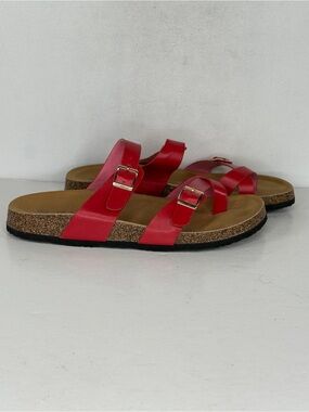 J Mark Red Dual-Buckle Cork‎ Footbed Sandals Faux Leather Strappy Slides Sz 9